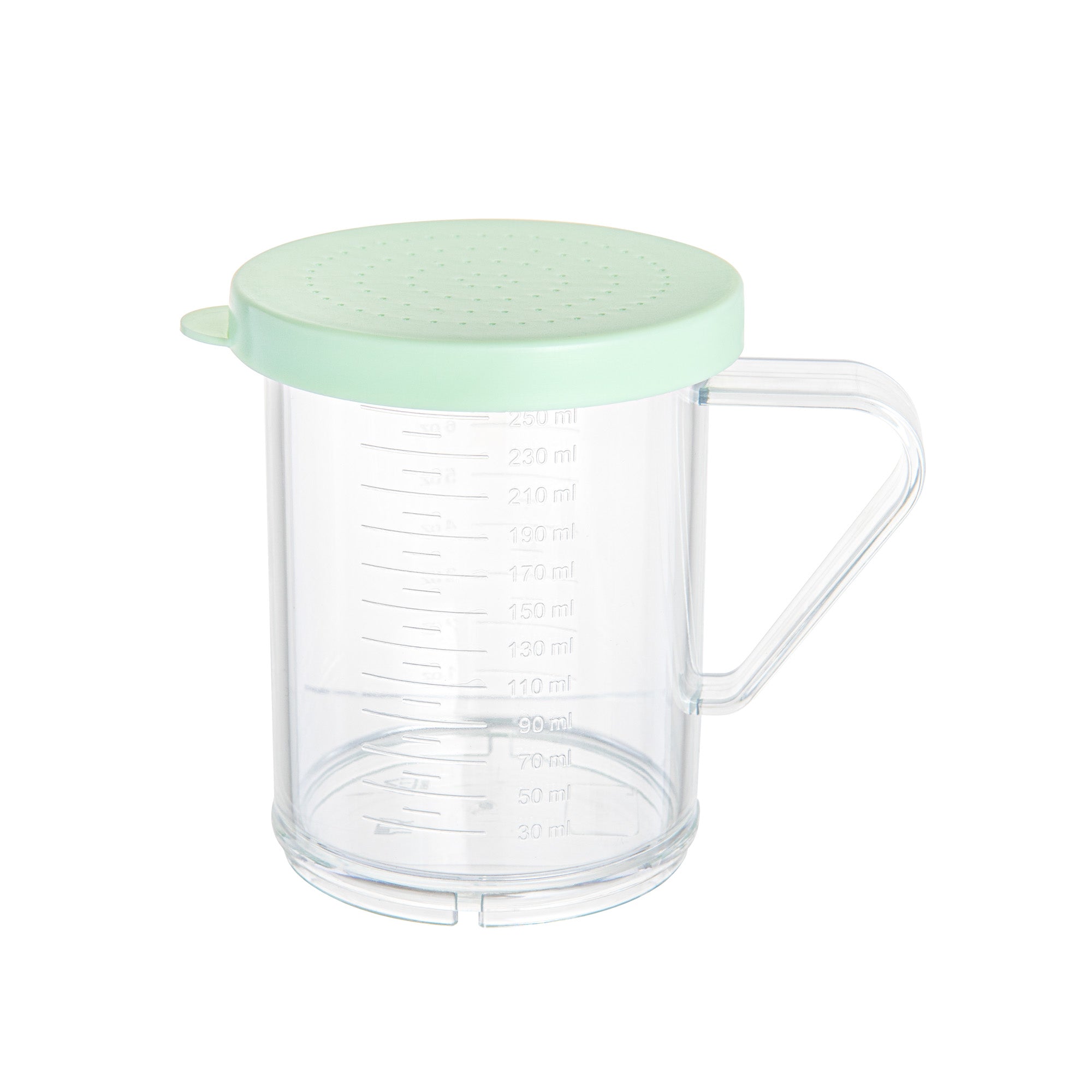 RW Base 10 oz Clear Polycarbonate Dredge Spice Shaker - with Green Extra Fine Lid - 4 3/4" x 3 1/4" x 4" - 1 count box