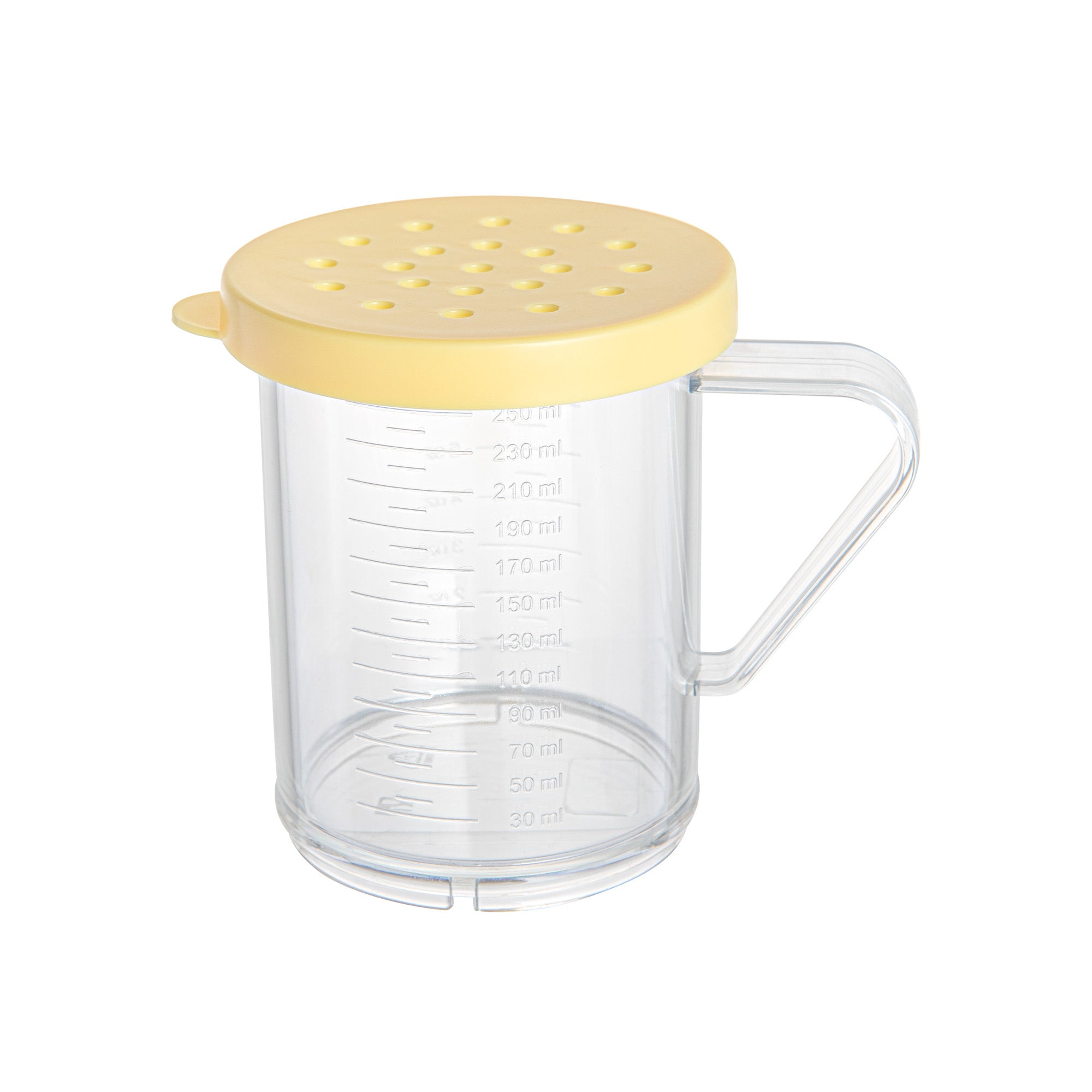 RW Base 10 oz Clear Polycarbonate Dredge Spice Shaker - with Yellow Coarse Lid - 4 3/4" x 3 1/4" x 4" - 1 count box