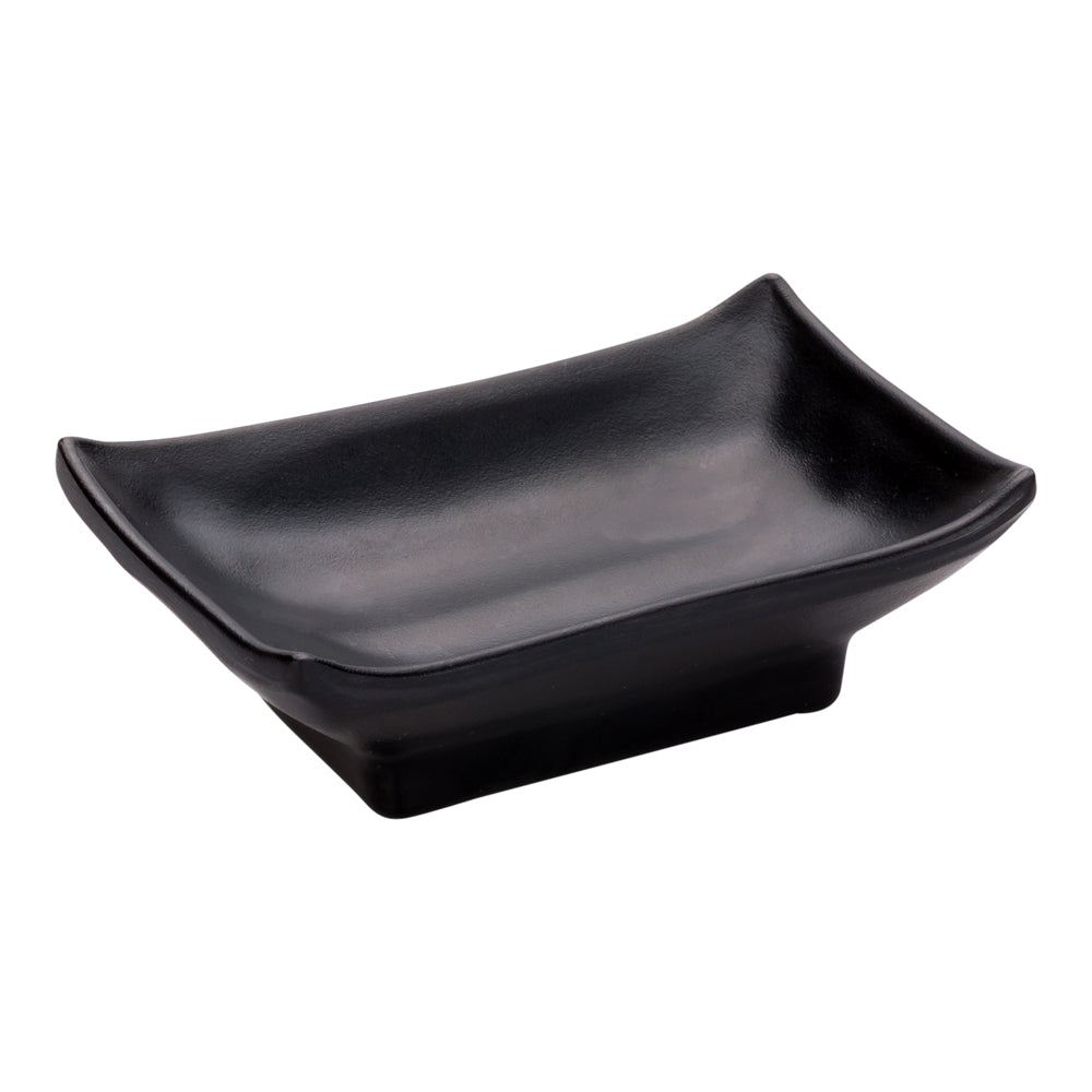 Voga 1 oz Rectangle Black Melamine Sauce Dish - Japonais - 4" x 2 1/2" x 1 1/4" - 10 count box