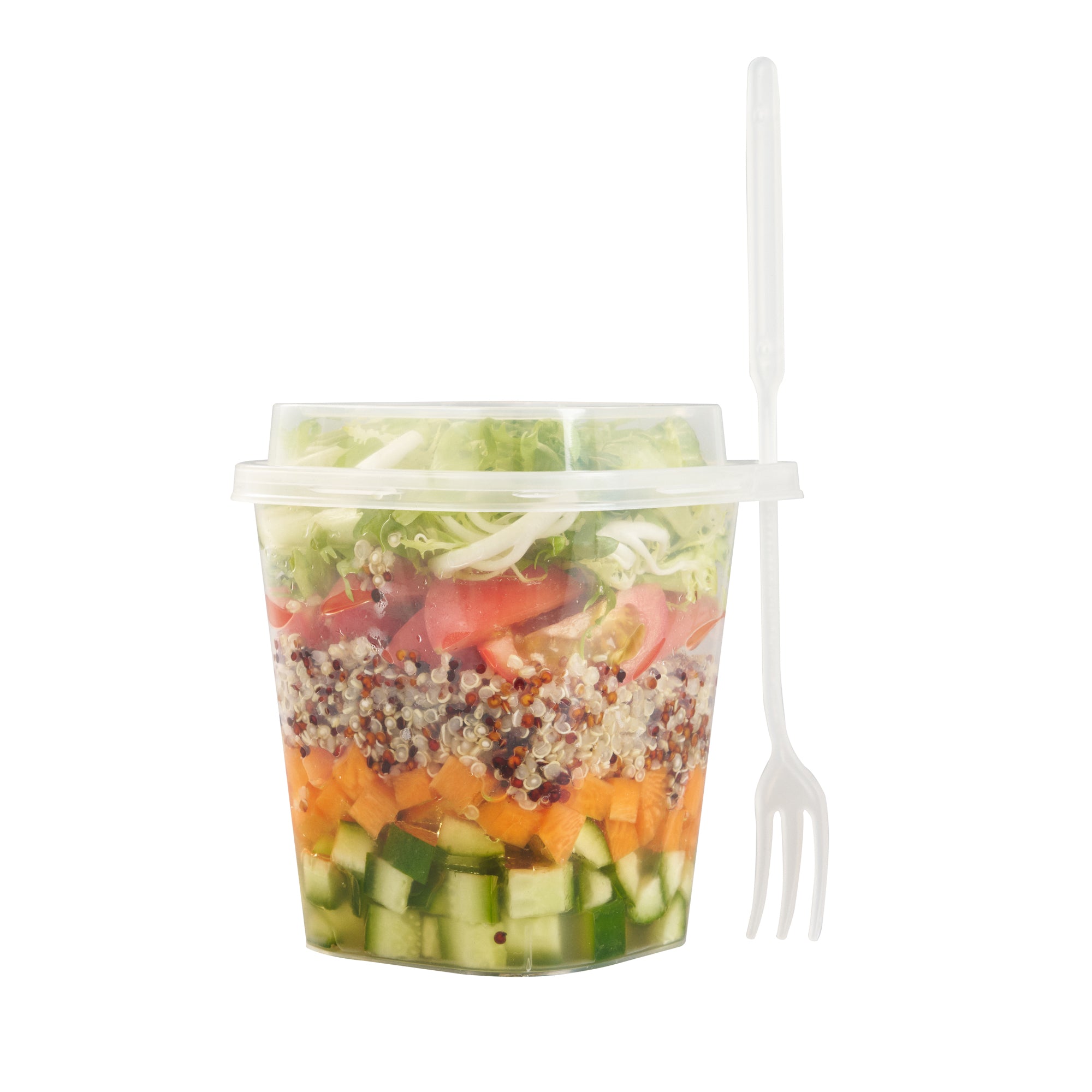 Asporto 17 oz Clear Plastic Salad To Go Cup - with Clear Lid and Fork - 3 1/2" x 3 1/2" x 4" - 100 count box