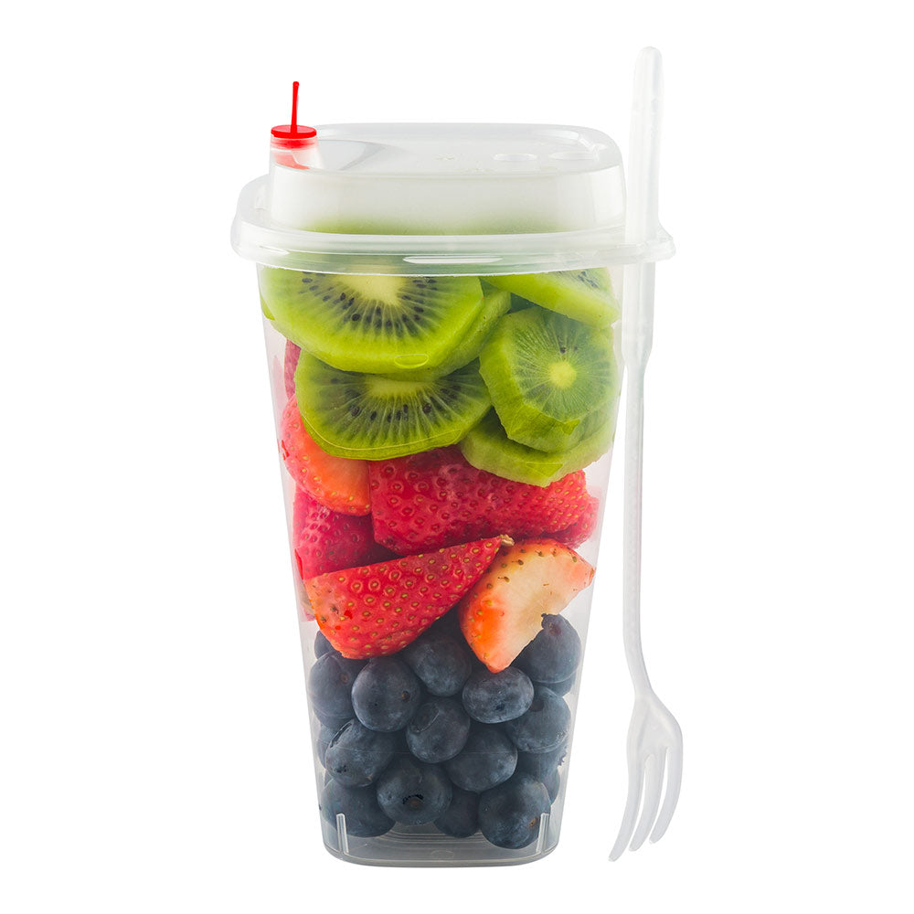 Asporto 24 oz Clear Plastic Salad To Go Cup - with Clear Lid and Fork, Red Heart Plug - 3 3/4" x 3 3/4" x 6 3/4" - 100 count box