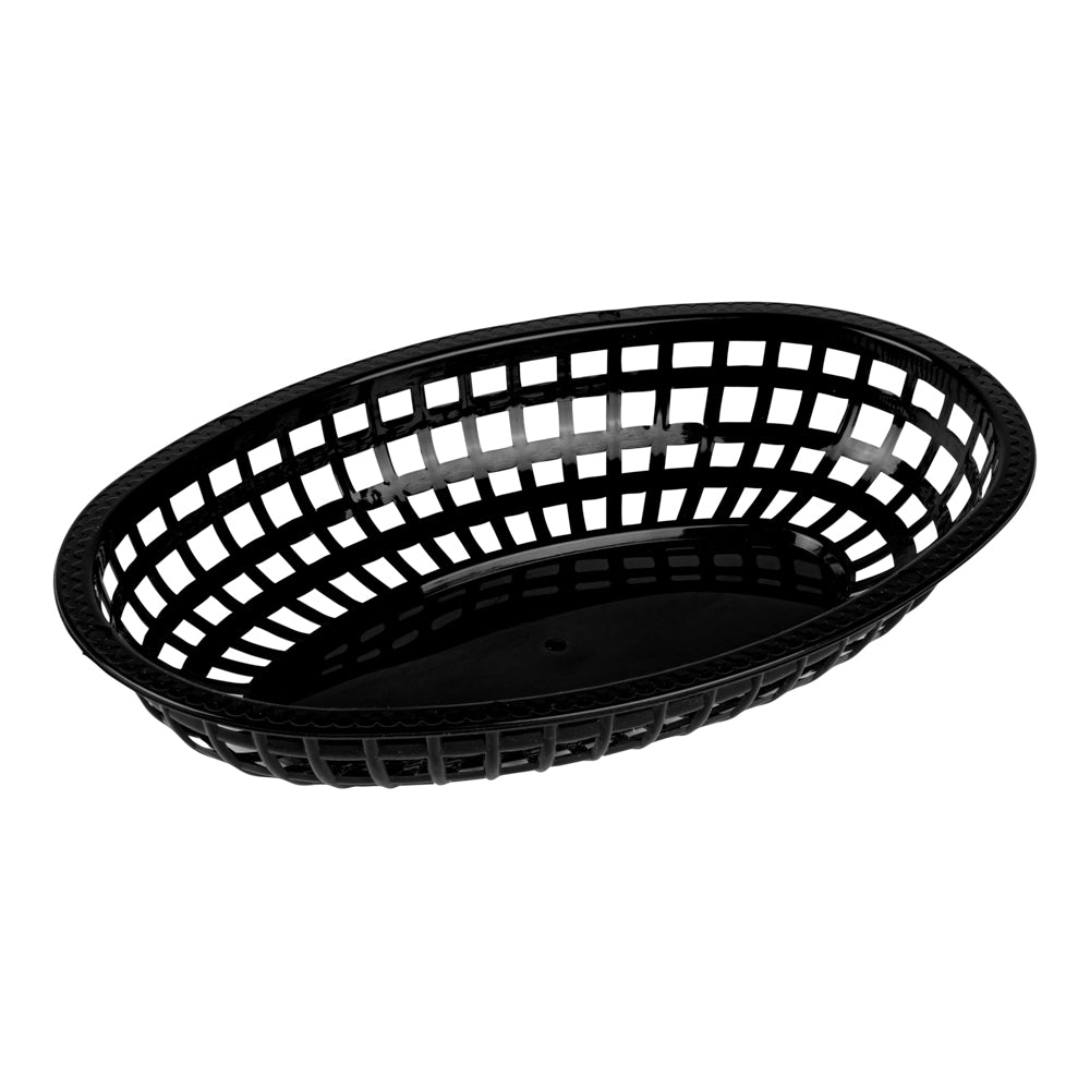 Oval Black Plastic Fast Food Serving Basket - 10 1/4" x 6 3/4" x 2" - 100 count box