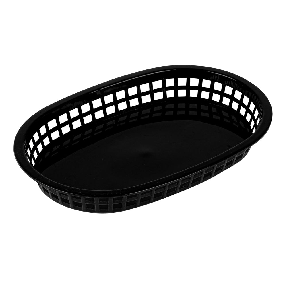 Oval Black Plastic Fast Food Serving Basket - 10 1/2" x 7 1/4" x 1 1/2" - 100 count box