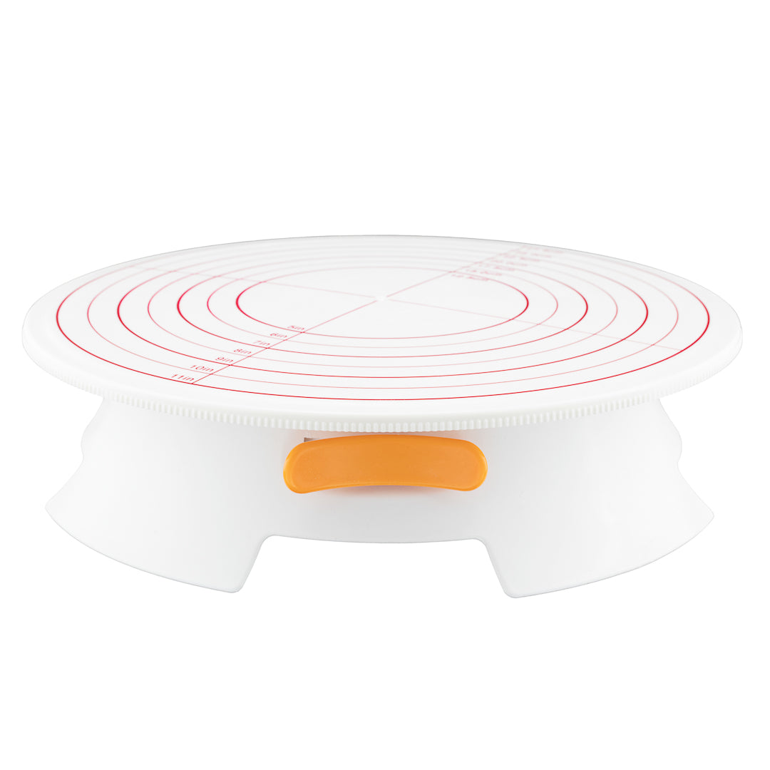 Pastry Tek Round White Plastic Revolving Cake Stand / Turntable - with Non-Slip Base, Silicone Piping Bag Set - 12" - 1 count box