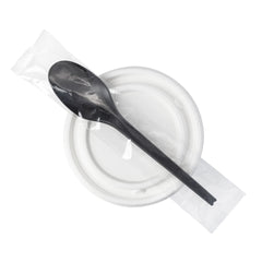 Basic Nature Black CPLA Plastic Spoon - Wrapped, Heat-Resistant, Compostable - 6 1/2