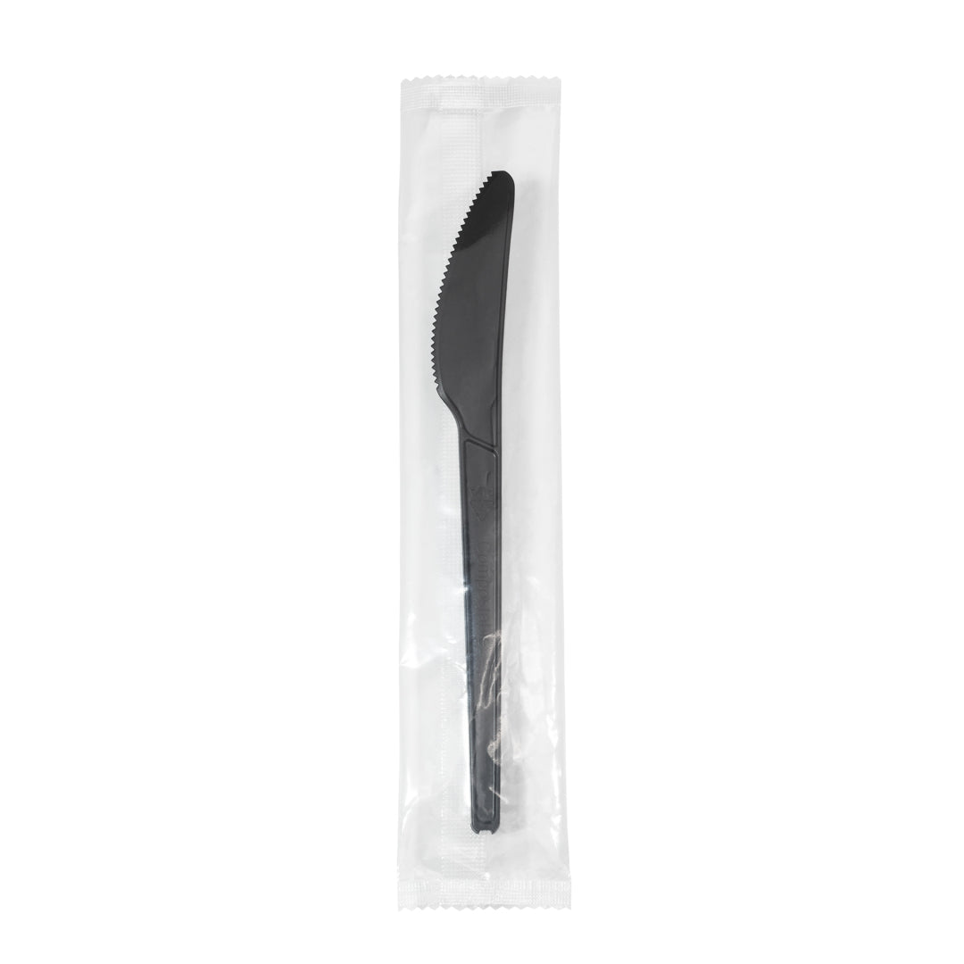 Basic Nature Black CPLA Plastic Knife - Wrapped, Heat-Resistant, Compostable - 6 1/2" - 250 count box