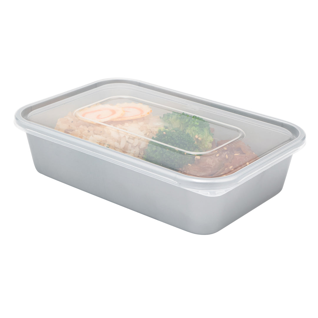 Futura 17 oz Silver Plastic Take Out Container - with Clear Lid, Microwavable - 6 3/4" x 4 1/2" x 2" - 100 count box