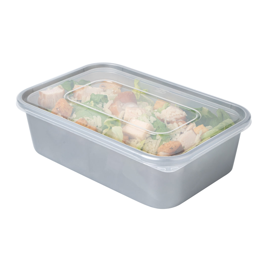 Futura 22 oz Silver Plastic Take Out Container - with Clear Lid, Microwavable - 6 3/4" x 4 1/2" x 2 1/4" - 100 count box