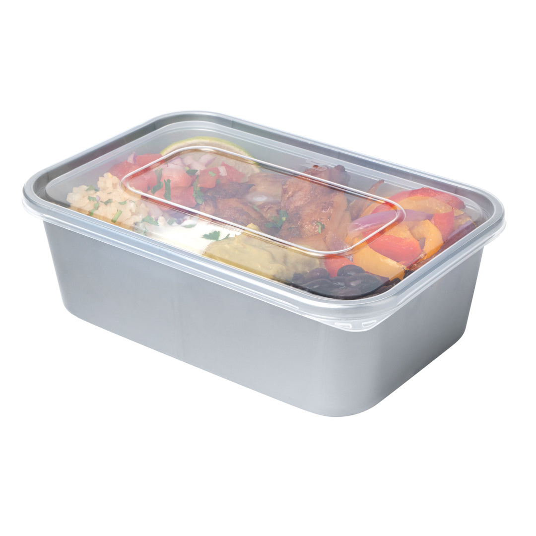 Futura 25 oz Silver Plastic Take Out Container - with Clear Lid, Microwavable - 6 3/4" x 4 1/2" x 2 1/4" - 100 count box