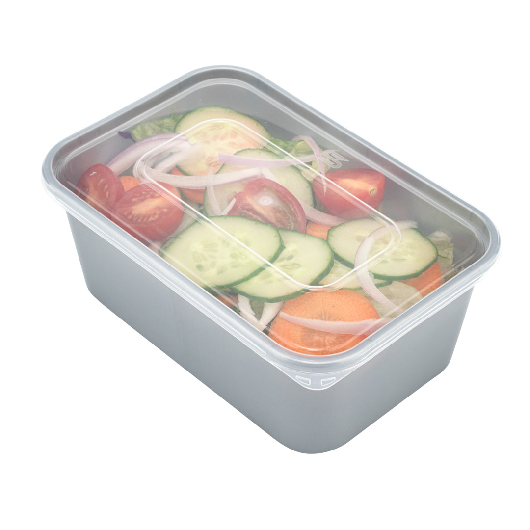 Futura 32 oz Silver Plastic Take Out Container - with Clear Lid, Microwavable, Inserts Available - 6 3/4" x 4 1/2" x 2 3/4" - 100 count box