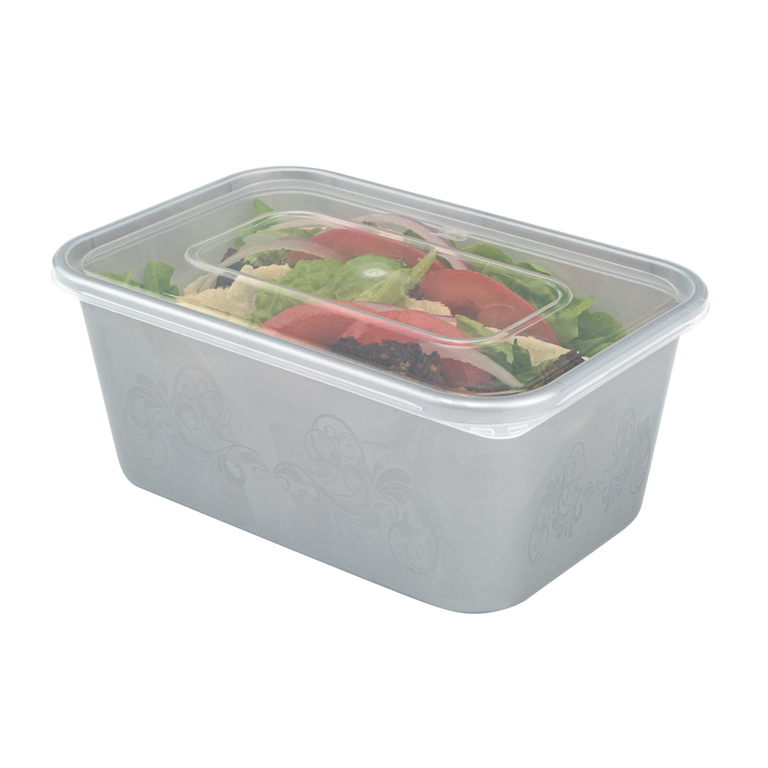 Futura 37 oz Silver Plastic Take Out Container - with Clear Lid, Microwavable, Inserts Available - 6 3/4" x 4 1/2" x 2 3/4" - 100 count box