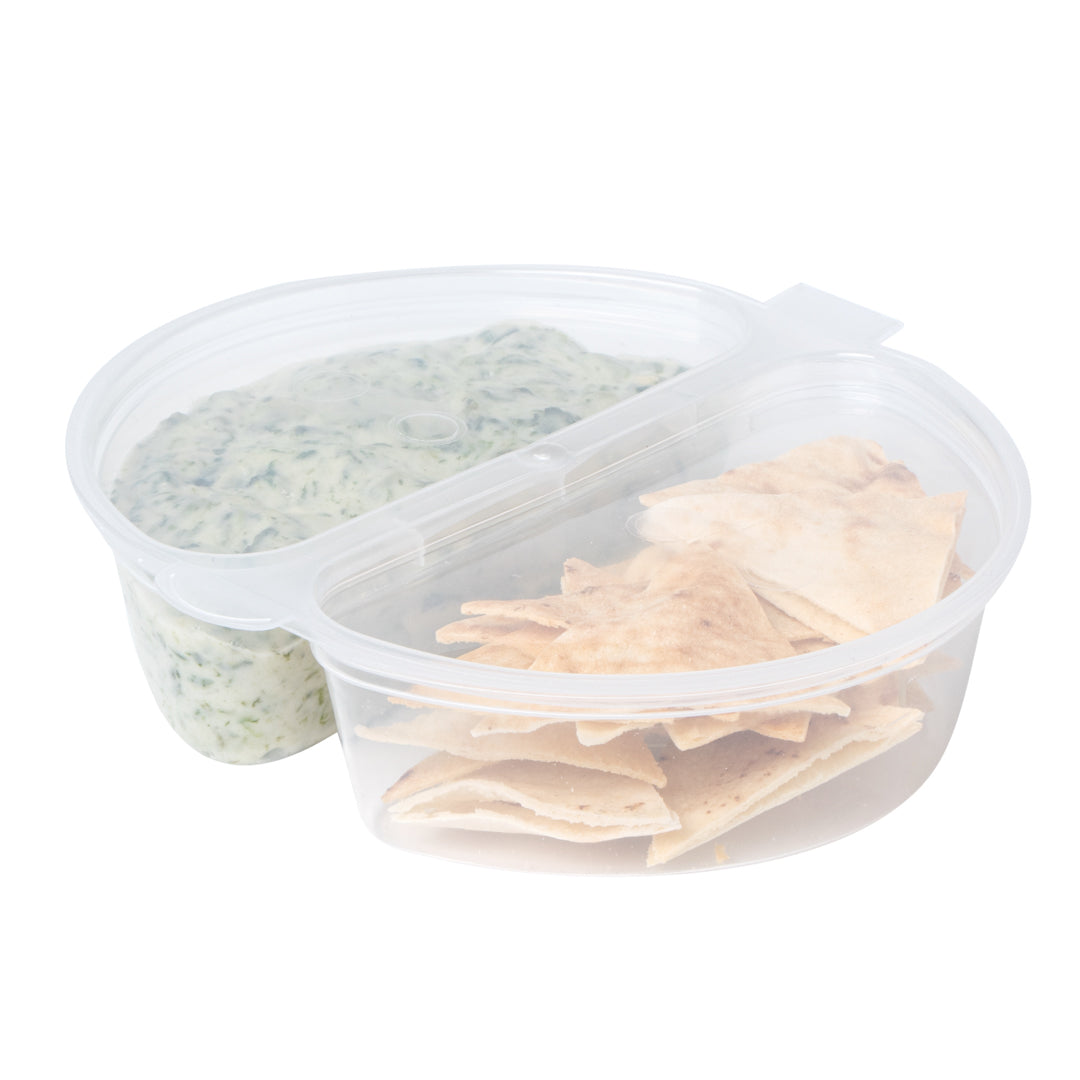 Futura 6 oz Clear Plastic Snack / Condiment 2-Compartment Container - with Lid, Microwavable - 4" x 3 3/4" x 1" - 500 count box