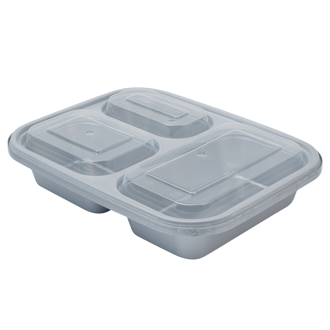 Futura 30 oz Silver Plastic Tamper-Evident 3-Compartment Container - with Clear Lid, Microwavable - 9 1/2" x 7 1/4" x 2" - 100 count box