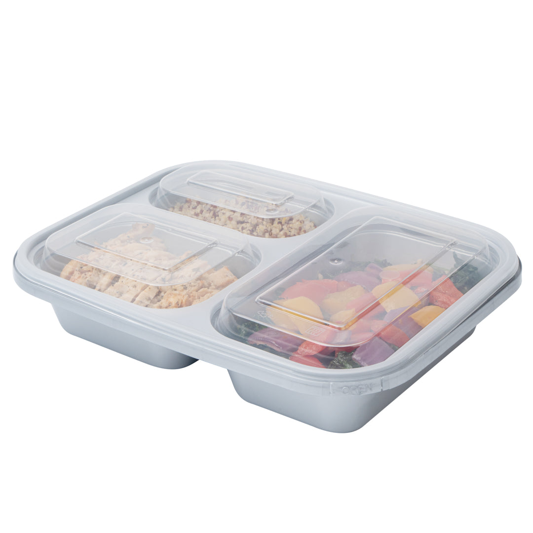 Futura 30 oz Silver Plastic Tamper-Evident 3-Compartment Container - with Clear Lid, Microwavable - 9 1/2" x 7 1/4" x 2" - 100 count box