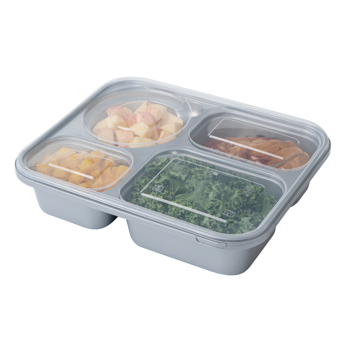 Futura 57 oz Silver Plastic Tamper-Evident 4-Compartment Container - with Clear Lid, Microwavable - 9 3/4" x 7 3/4" x 2" - 100 count box