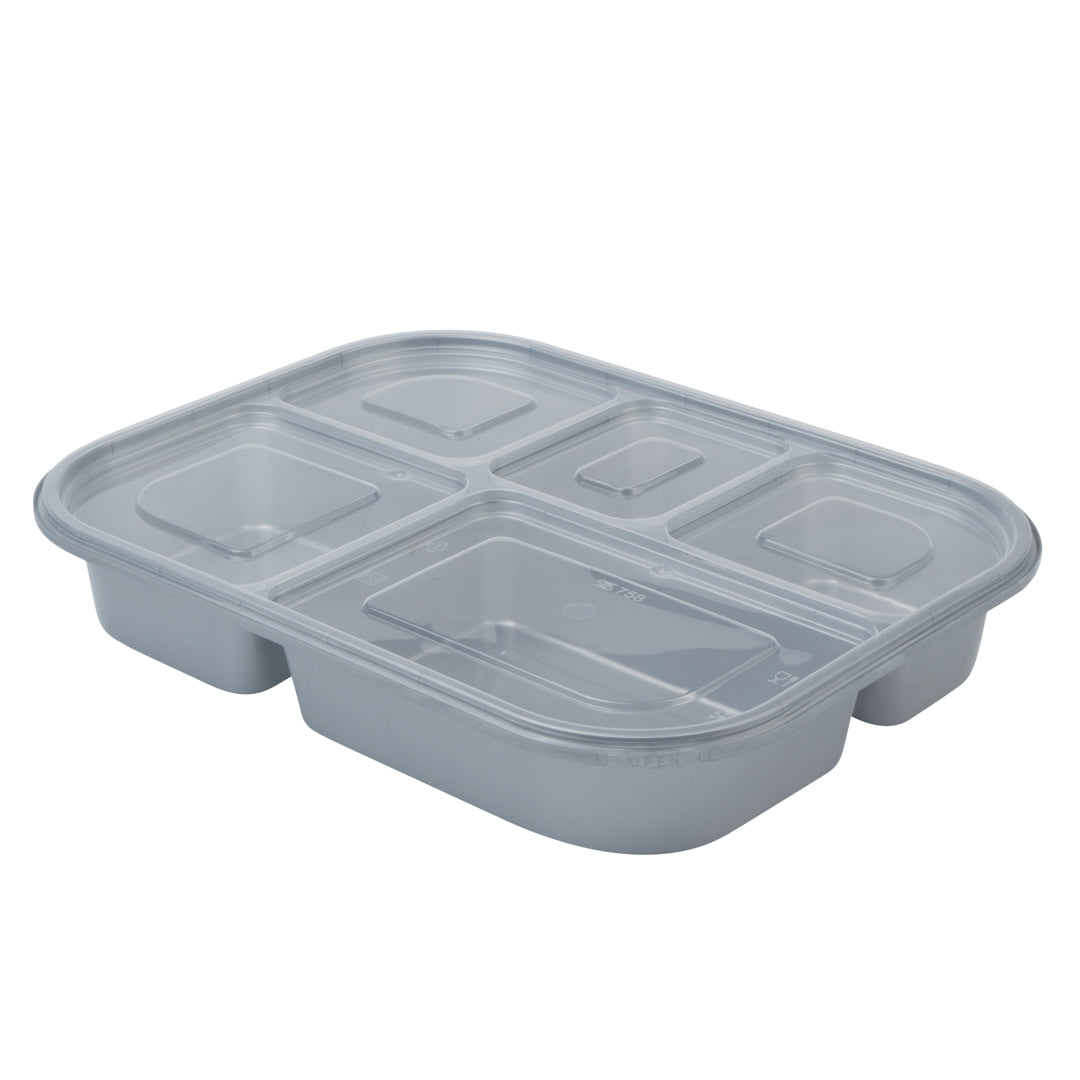 Futura 62 oz Silver Plastic Tamper-Evident 5-Compartment Container - with Clear Lid, Microwavable - 11" x 8 1/2" x 1 3/4" - 100 count box