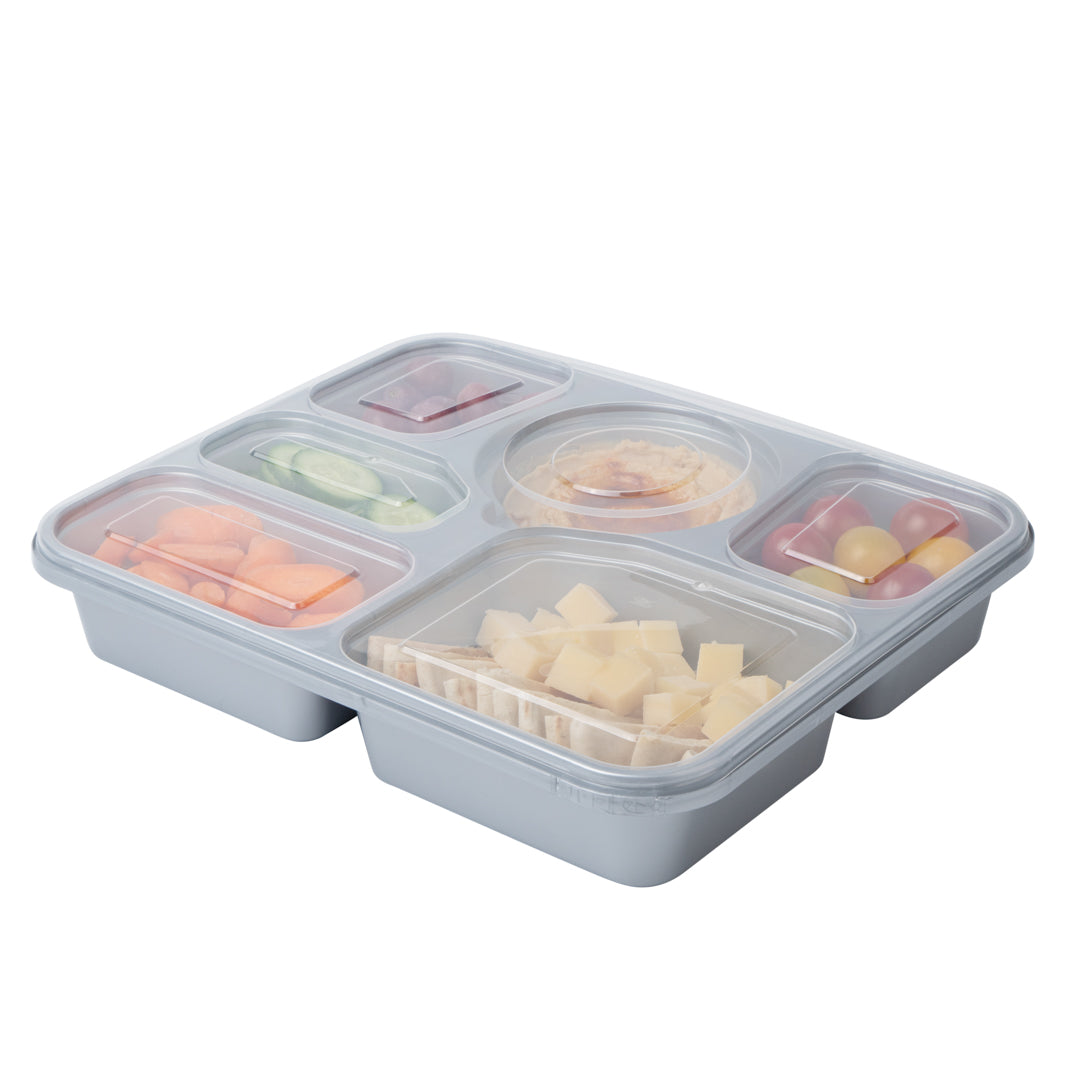 Futura 51 oz Silver Plastic Tamper-Evident 6-Compartment Container - with Clear Lid, Microwavable - 10 1/2" x 7 3/4" x 2" - 100 count box