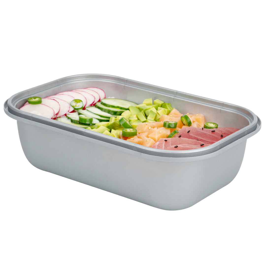 Futura 46 oz Matte Gray Plastic Tamper-Evident Container - with Lid, Microwavable, Inserts Available - 8 3/4" x 6" x 3" - 100 count box