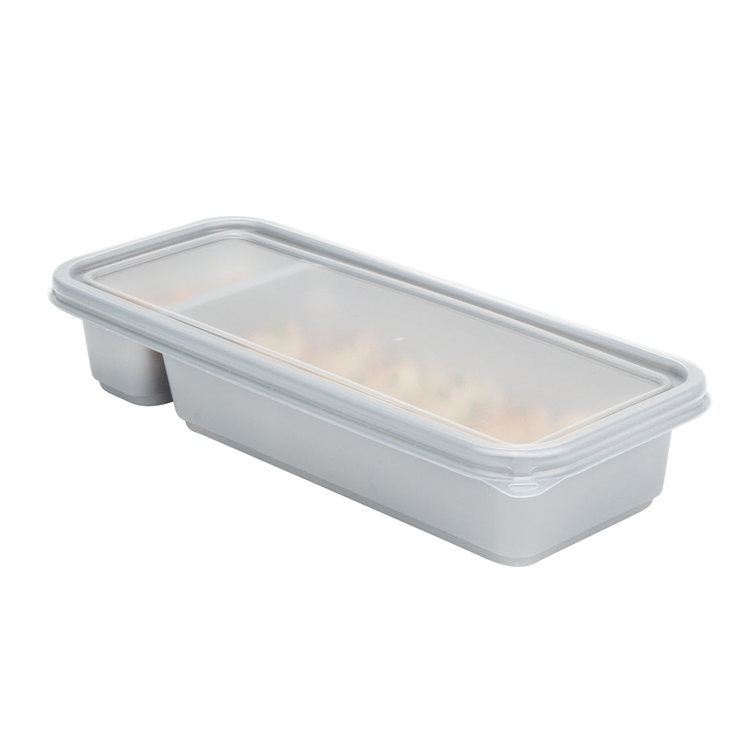 Futura 20 oz Silver Plastic 2-Compartment Catering Container - with Clear Lid, Microwavable - 8 3/4" x 3 3/4" x 1 3/4" - 100 count box