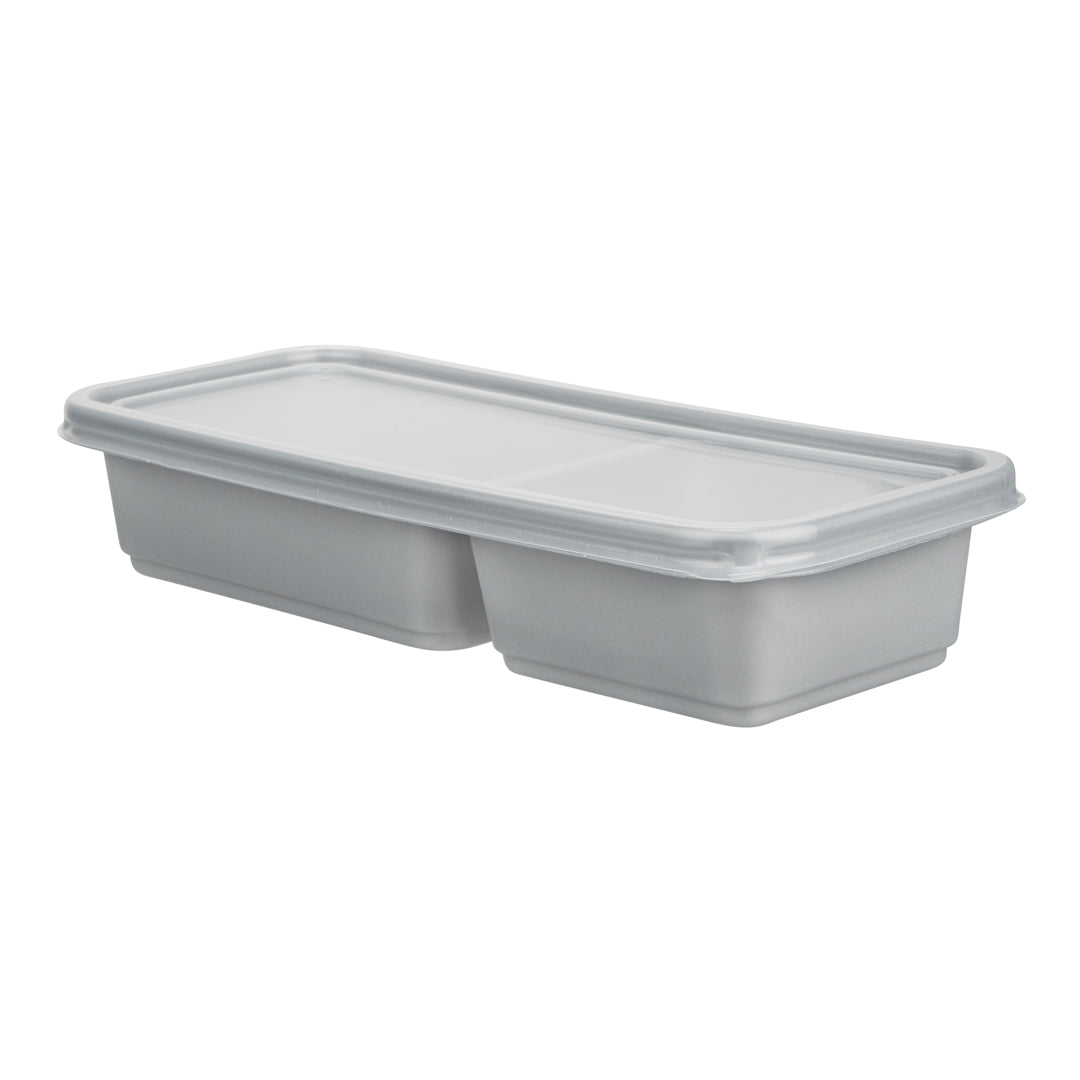 Futura 20 oz Silver Plastic Wide 2-Compartment Catering Container - with Clear Lid, Microwavable - 8 3/4" x 3 3/4" x 1 3/4" - 100 count box