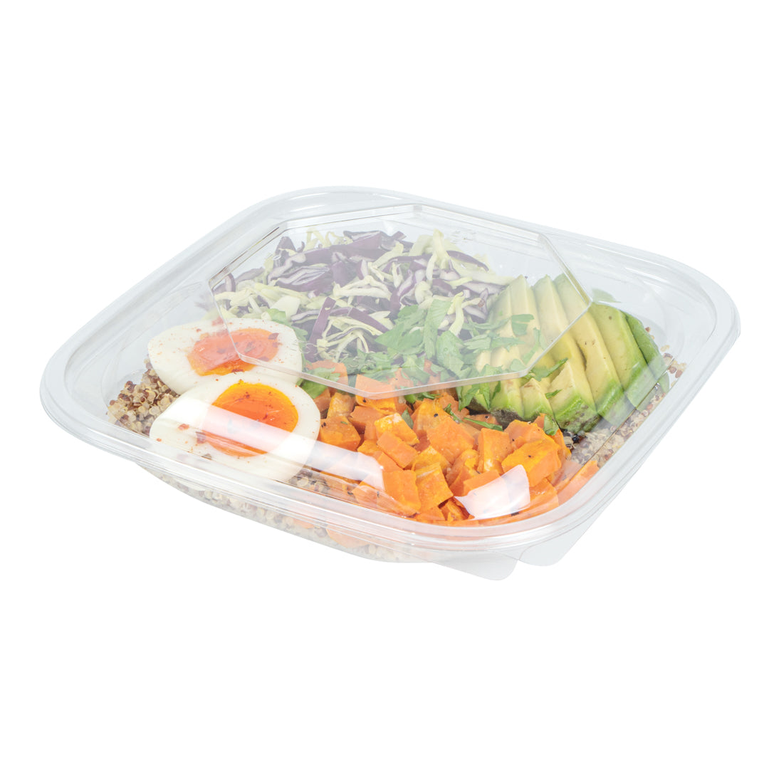 Thermo Tek 25 oz Square Clear Plastic Take Out Salad Bowl - with Lid, Anti-Fog - 7 1/2" x 7 1/2" x 2 3/4" - 100 count box