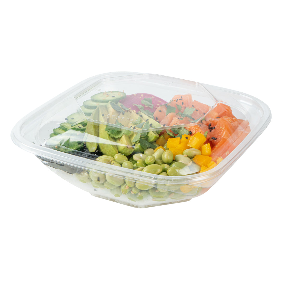 Thermo Tek 34 oz Square Clear Plastic Take Out Salad Bowl - with Lid, Anti-Fog - 7 1/2" x 7 1/2" x 3" - 100 count box