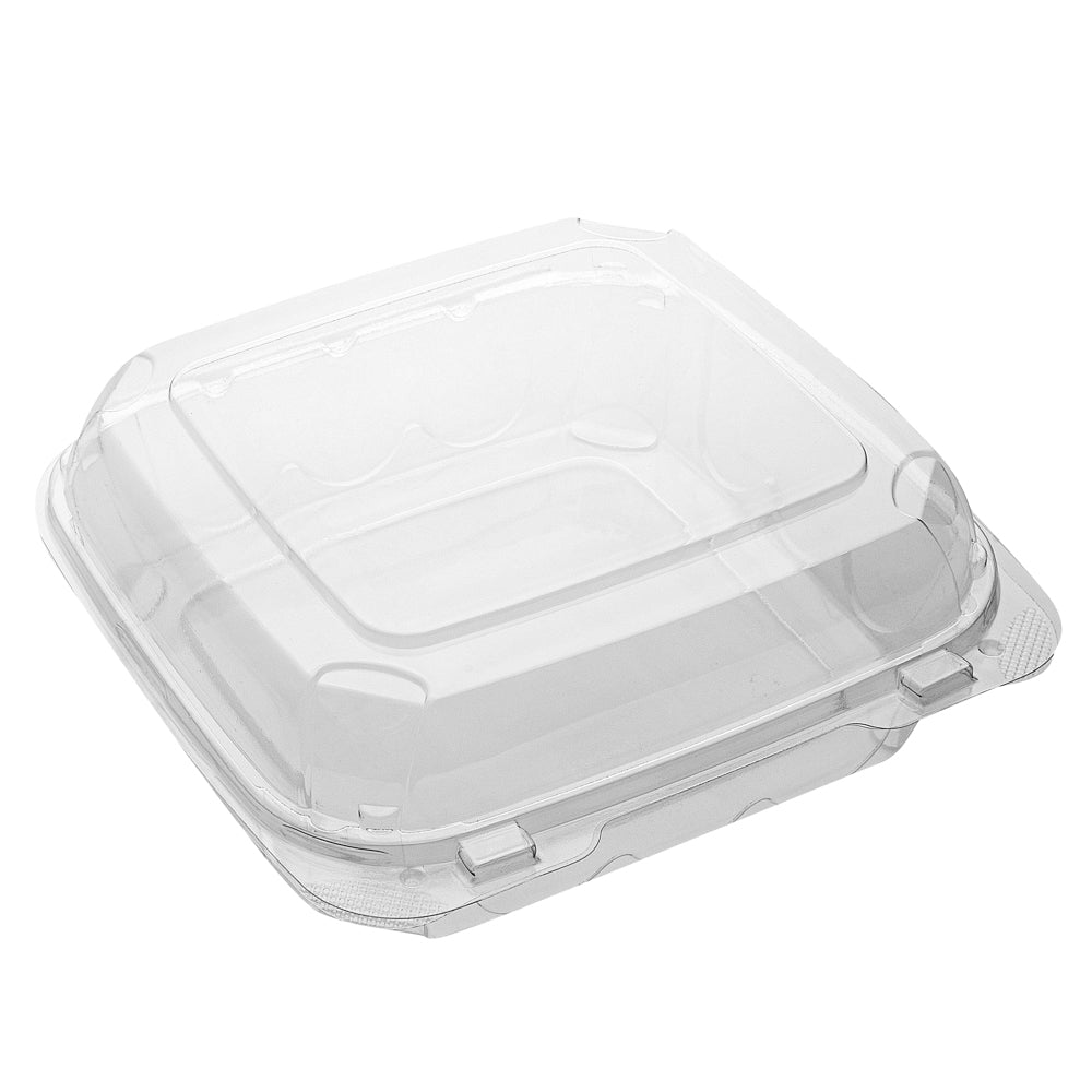 Thermo Tek 39 oz Square Clear Plastic Clamshell Container - Anti-Fog - 7 3/4" x 7 3/4" x 2 1/2" - 100 count box