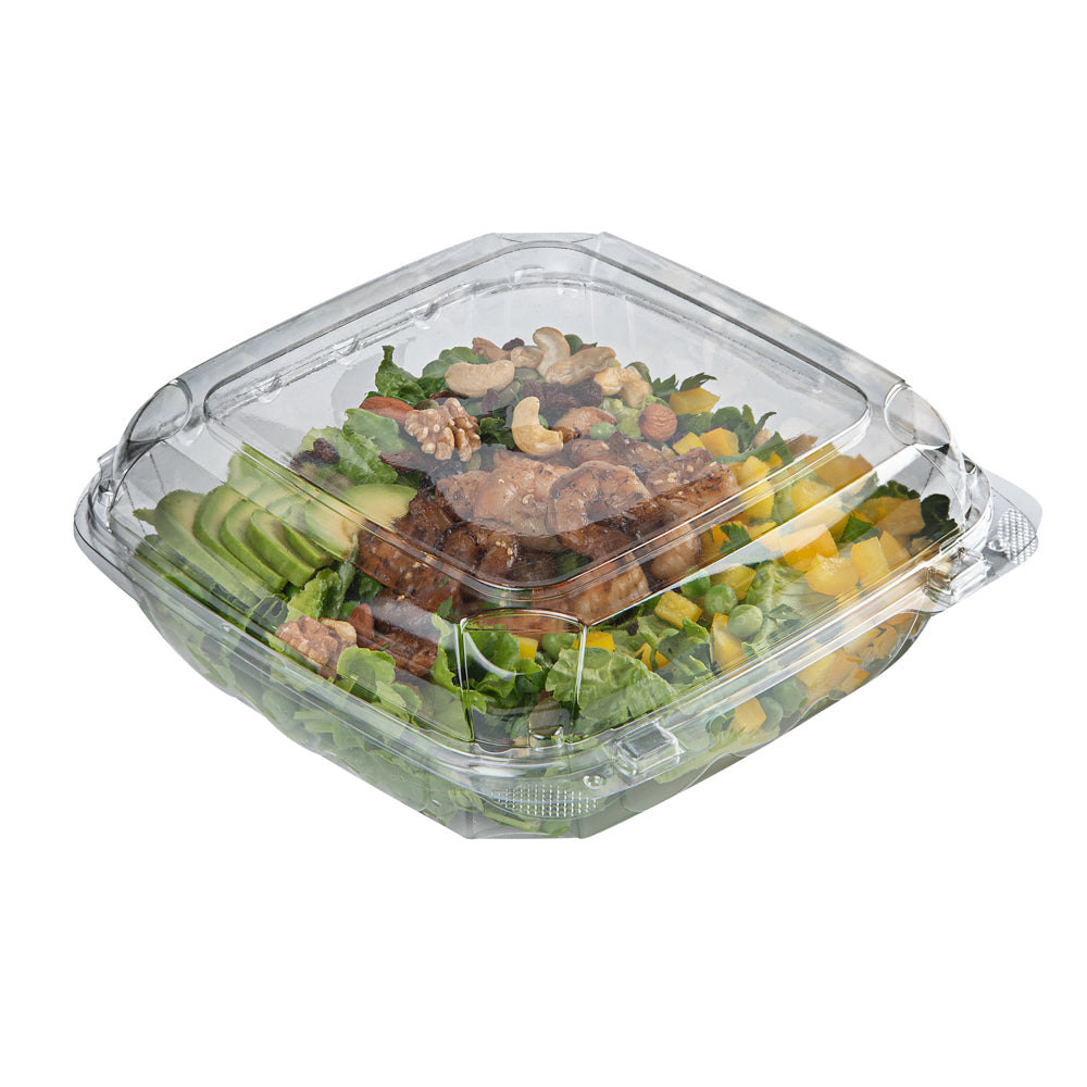 Thermo Tek 46 oz Rectangle Clear Plastic Clamshell Container - Anti-Fog - 9" x 8 1/4" x 2 1/2" - 100 count box