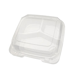 Thermo Tek 34 oz Square Clear Plastic Clamshell Container - 3-Compartment, Anti-Fog - 7 3/4