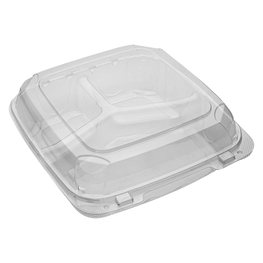 Thermo Tek 41 oz Rectangle Clear Plastic Clamshell Container - 3-Compartment, Anti-Fog - 9" x 8 1/4" x 2 1/2" - 100 count box