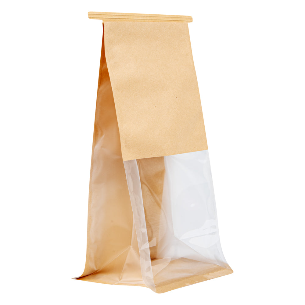 Bag Tek Kraft Cotton Paper Tin Tie Bag - with Clear Window - 5" x 4" x 11 1/4" - 100 count box