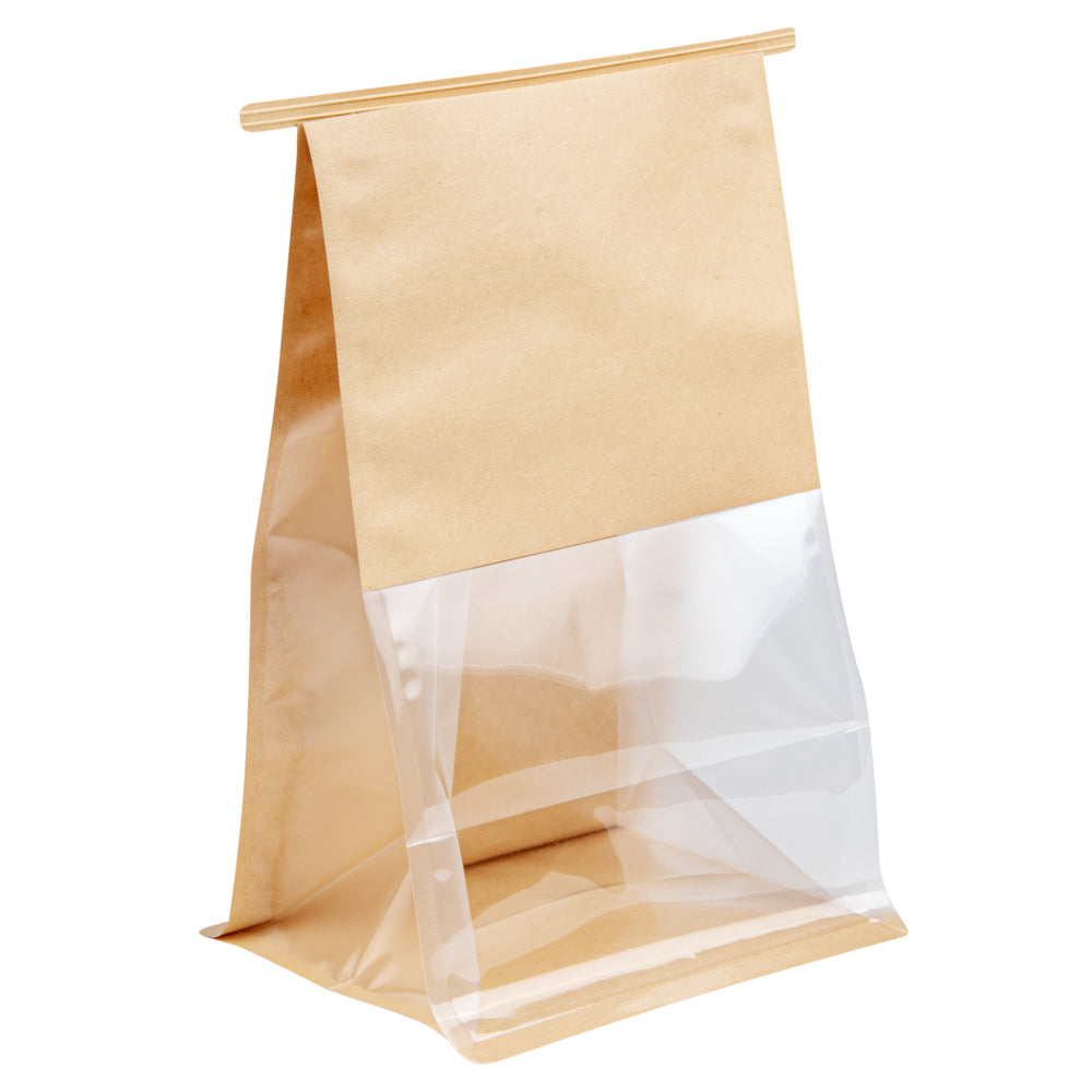 Bag Tek Kraft Cotton Paper Tin Tie Bag - with Clear Window - 6 1/4" x 5" x 10 1/4" - 100 count box