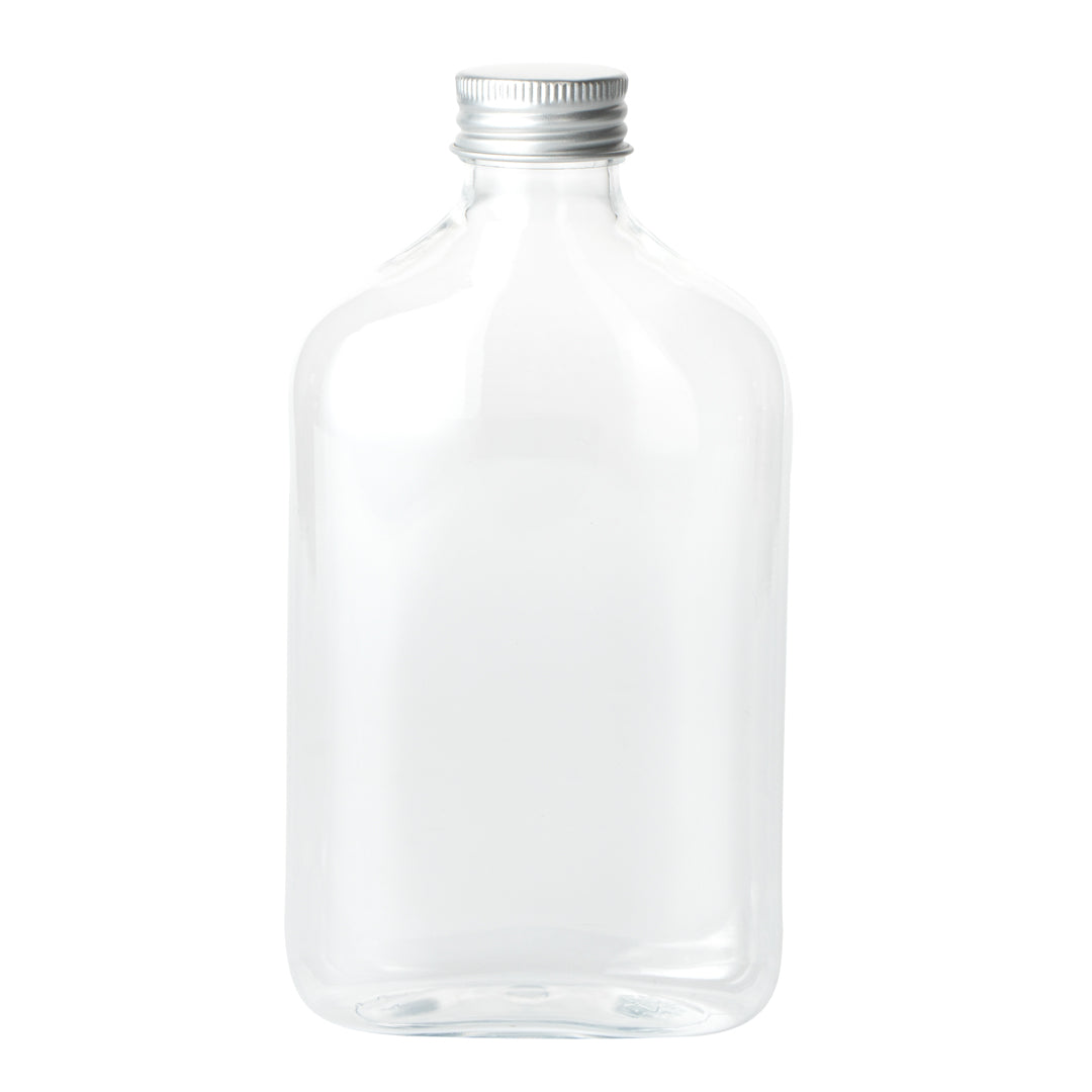 Bottle Tek 10 oz Clear Plastic Flask Container - with Aluminum Lid - 3 1/4" x 1 3/4" x 6 1/4" - 100 count box