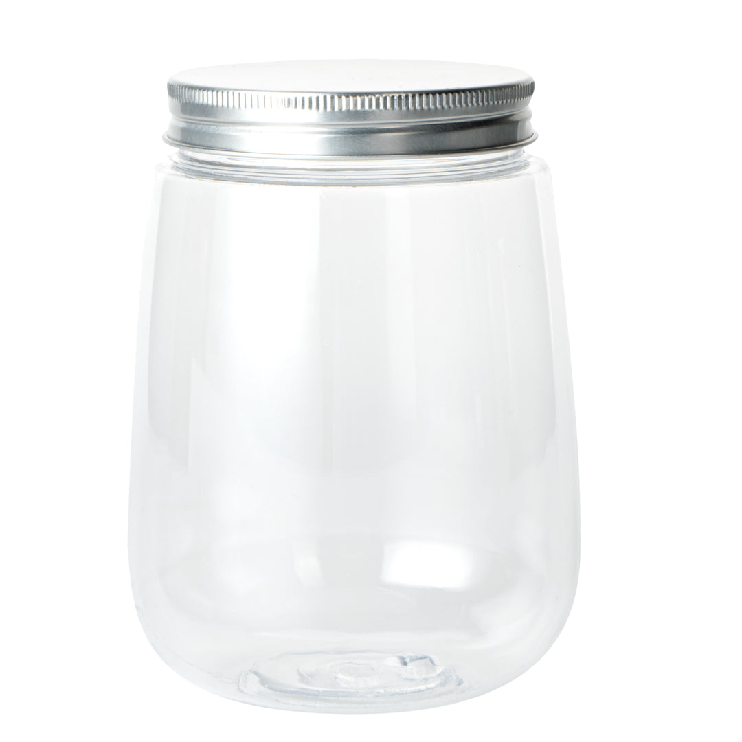 Bottle Tek 17 oz Clear Plastic Candy Jar / Juice Bottle - with Aluminum Lid - 3 1/4" x 3 1/4" x 4 1/2" - 100 count box