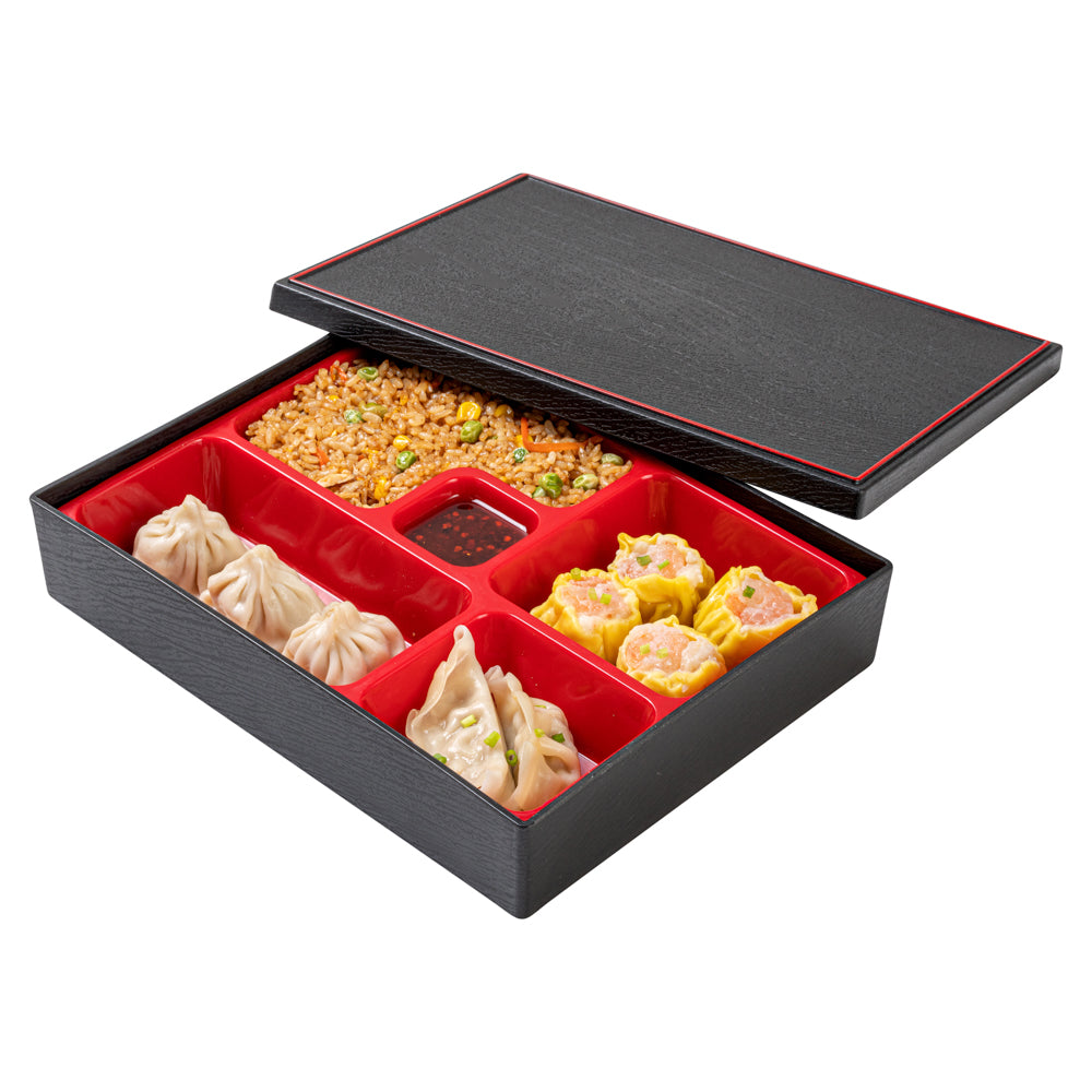 Bento Tek Rectangle Black and Red Small Japanese Style Bento Box - 5 Compartments - 10 3/4" x 8 1/4" x 2 1/4" - 1 count box