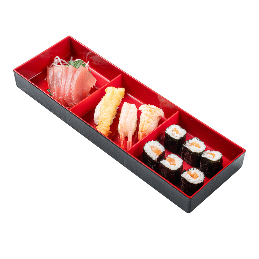 Bento Tek Rectangle Black and Red Japanese Style Bento Box - 3 Compartments - 14" x 4 3/4" x 2 1/4" - 1 count box