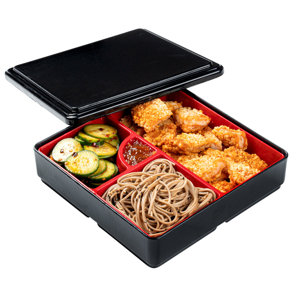 Bento Tek Square Black and Red Japanese Style Bento Box - 4 Compartments - 8 1/4" x 8 1/4" x 2 1/4" - 1 count box