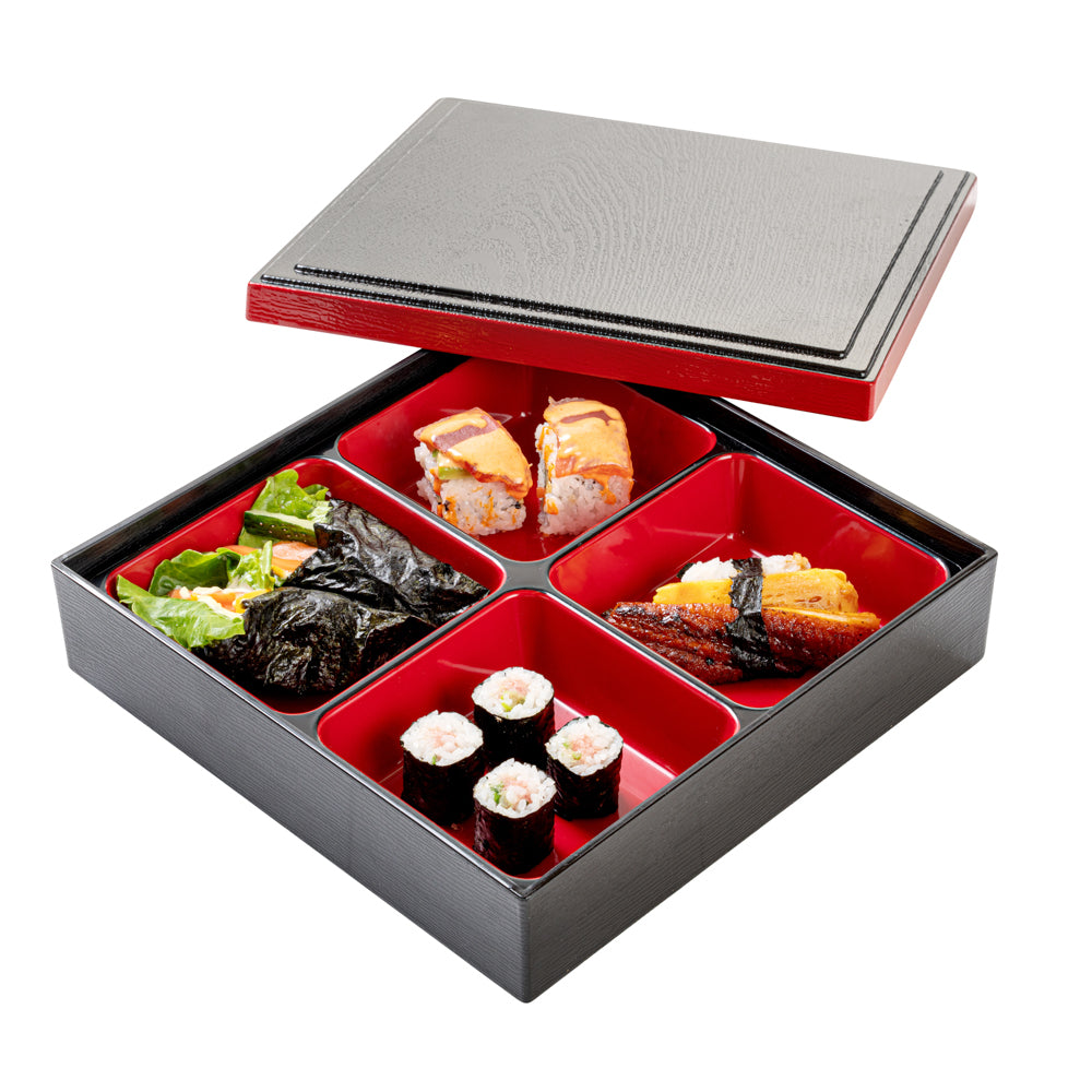 Bento Tek Square Black and Red Japanese Style Bento Box - 4 Compartments - 10" x 10" x 2 1/4" - 1 count box