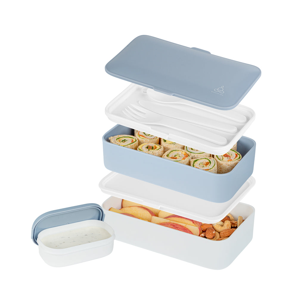 Bento Tek 41 oz Blue and White Buddha Box All-in-One Lunch Box - with Utensils, Sauce Cup - 7 1/4" x 4 1/4" x 4" - 1 count box