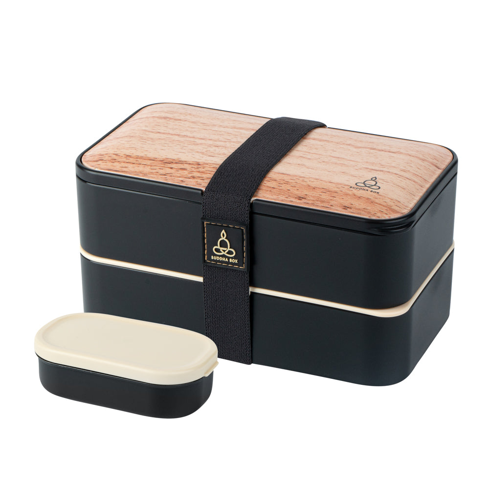 Bento Tek 41 oz Wood Grain and Black Buddha Box All-in-One Lunch Box - with Utensils, Sauce Cup - 7 1/4" x 4 1/4" x 4" - 1 count box