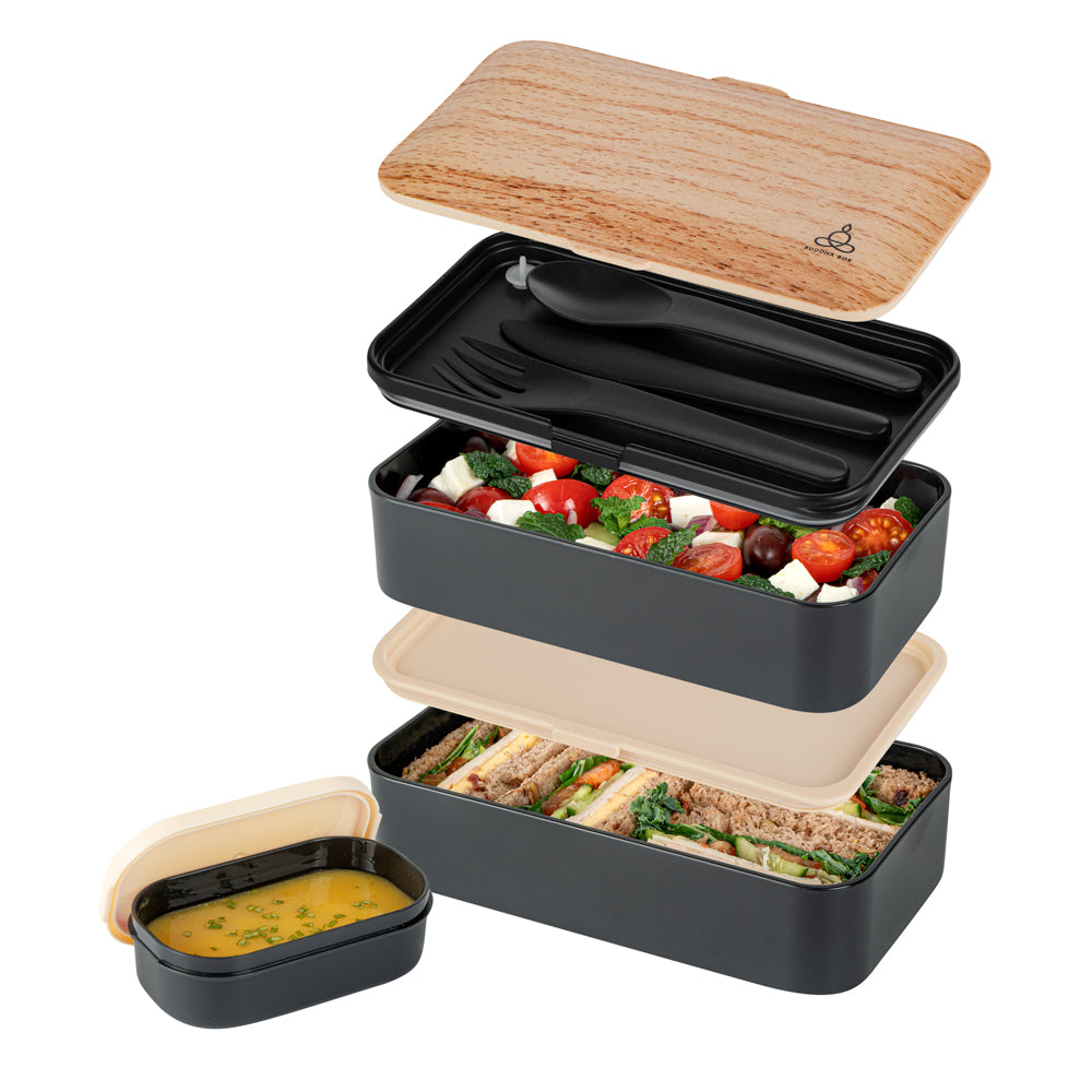 Bento Tek 41 oz Wood Grain and Black Buddha Box All-in-One Lunch Box - with Utensils, Sauce Cup - 7 1/4" x 4 1/4" x 4" - 1 count box