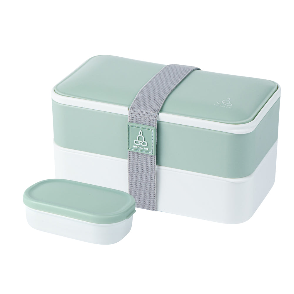 Bento Tek 41 oz Green and White Buddha Box All-in-One Lunch Box - with Utensils, Sauce Cup - 7 1/4" x 4 1/4" x 4" - 1 count box