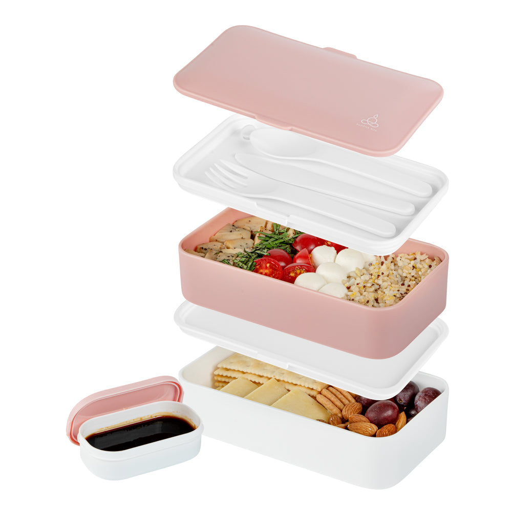 Bento Tek 41 oz Pink and White Buddha Box All-in-One Lunch Box - with Utensils, Sauce Cup - 7 1/4" x 4 1/4" x 4" - 1 count box