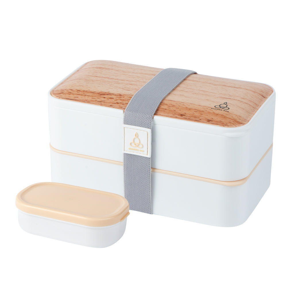 Bento Tek 41 oz Wood Grain and White Buddha Box All-in-One Lunch Box - with Utensils, Sauce Cup - 7 1/4" x 4 1/4" x 4" - 1 count box