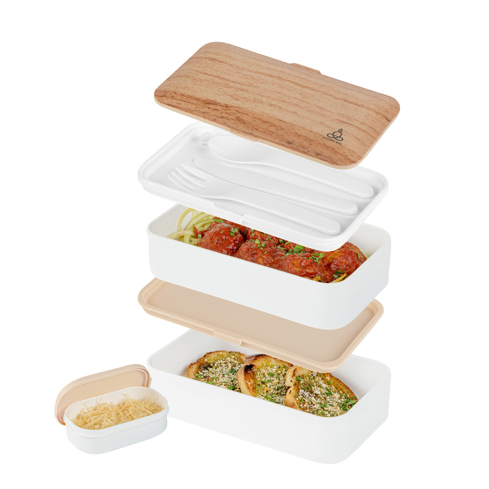 Bento Tek 41 oz Wood Grain and White Buddha Box All-in-One Lunch Box - with Utensils, Sauce Cup - 7 1/4" x 4 1/4" x 4" - 1 count box