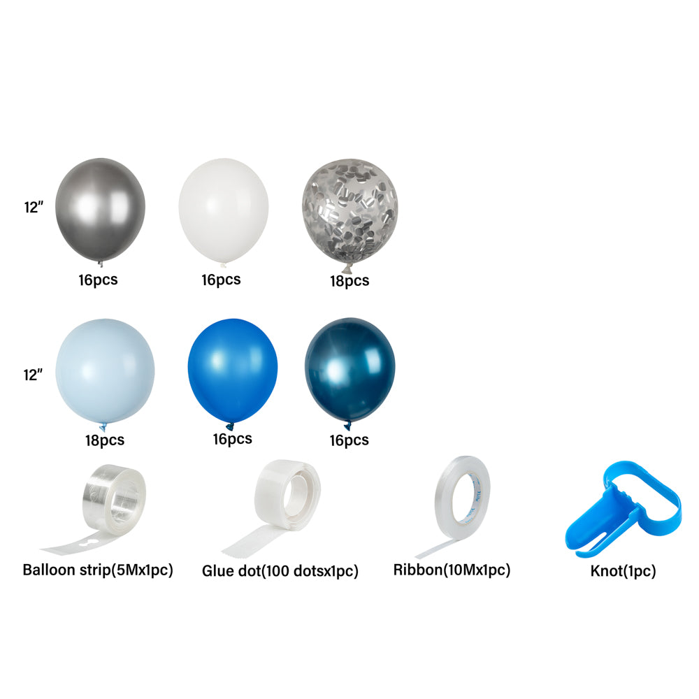 Balloonify Blue, Silver and White Balloon Arch / Garland Kit - 104 Pieces - 1 count box