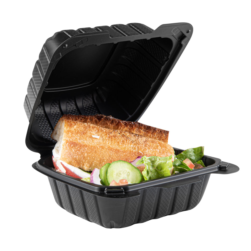 Thermo Tek 18 oz Black Mineral-Filled Plastic Clamshell Container - 6" x 6" x 3" - 100 count box