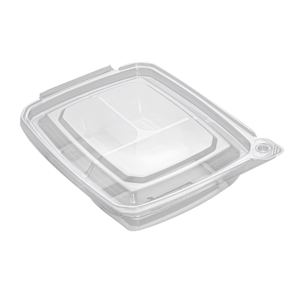 Tamper Tek 11 oz Rectangle Clear Plastic Container - with Lid, Tamper-Evident, 3 Compartments - 7" x 5 1/2" x 1 1/2" - 100 count box