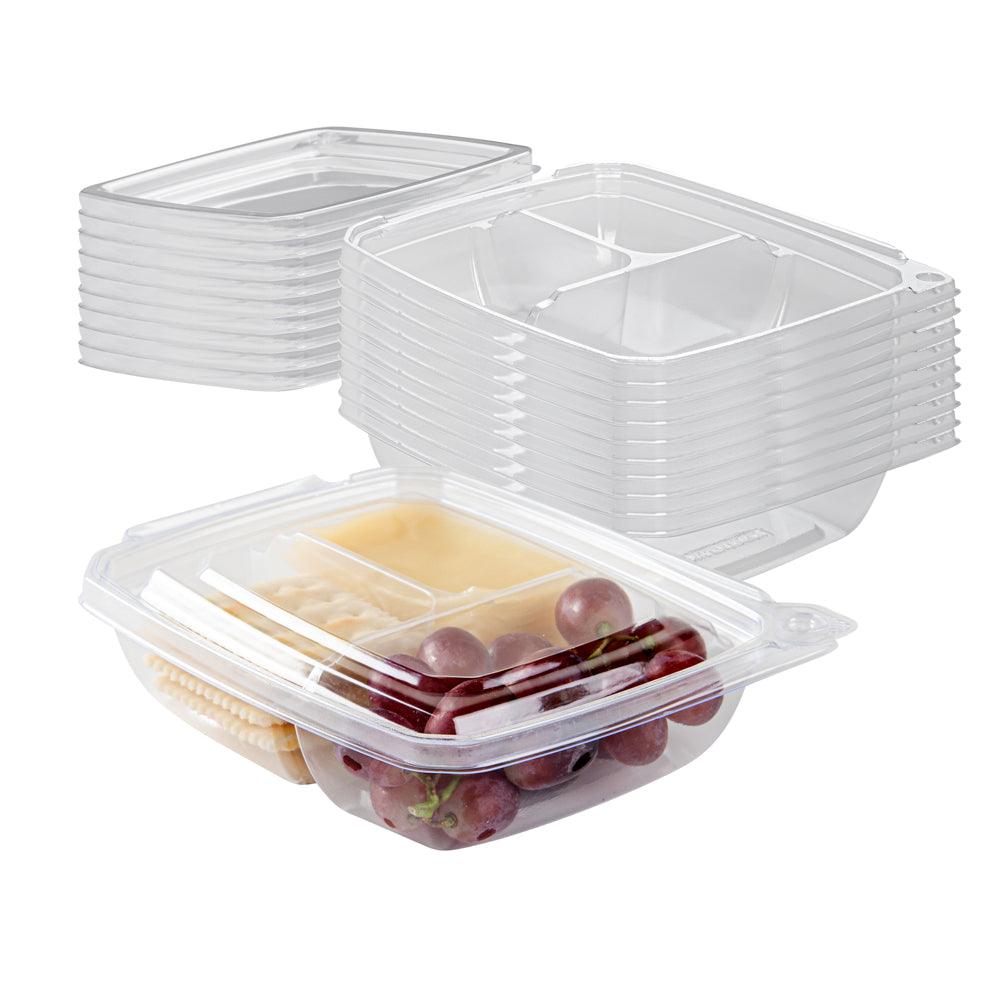 Tamper Tek 11 oz Rectangle Clear Plastic Container - with Lid, Tamper-Evident, 3 Compartments - 7" x 5 1/2" x 1 1/2" - 100 count box