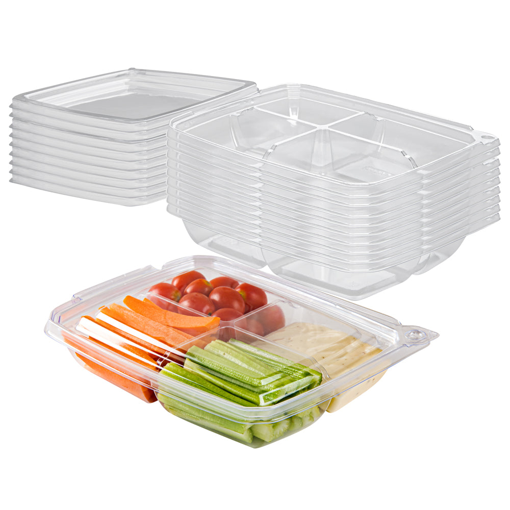 Tamper Tek 13 oz Rectangle Clear Plastic Container - with Lid, Tamper-Evident, 4 Compartments - 7" x 5 1/2" x 1 1/2" - 100 count box